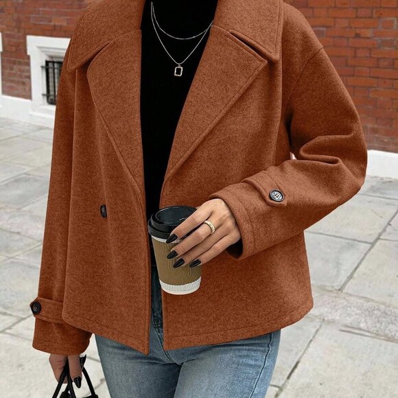 Brown Casual Women's Oversized Collar Button down Long Sleeve Coat - Picture 5 of 7